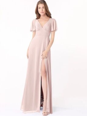 Azazie Blush V-Neck Maxi Dress with Flutter Sleeves and High Slit